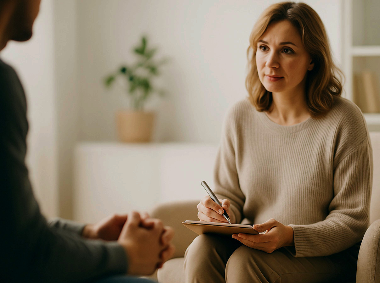 Terapeuta profesional en una sesión de psicoterapia online de élite